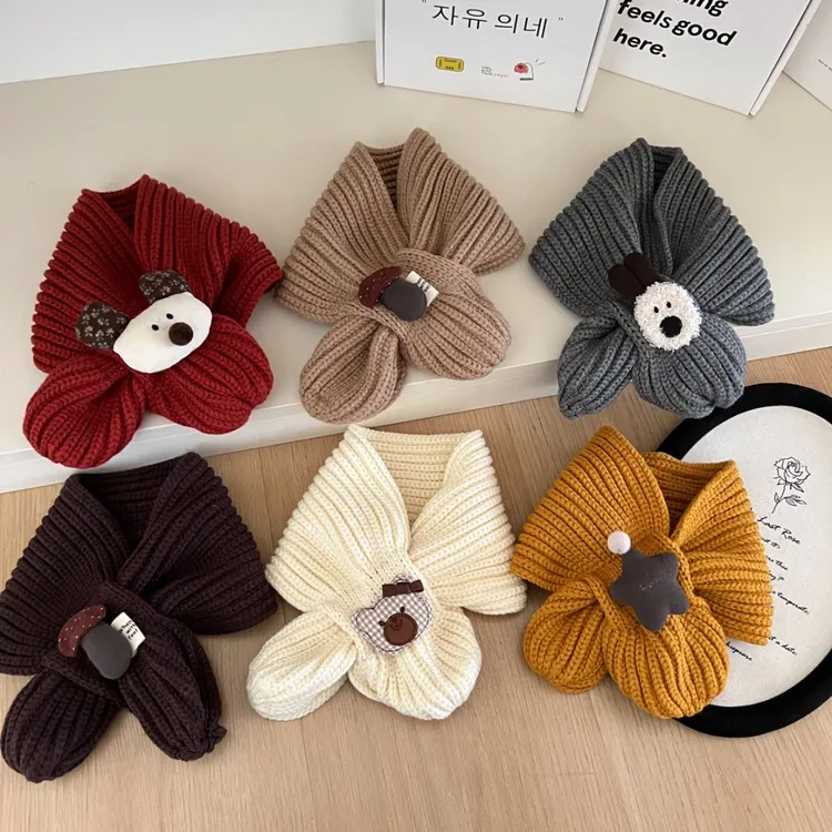 韩版可爱卡通宝宝围巾秋冬保暖交叉小孩围脖洋气儿童针织毛线围巾