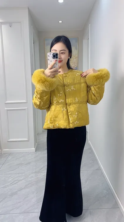 新中式国风鹅绒加绒加厚款气质中国风秋冬女短款羽绒服外套M