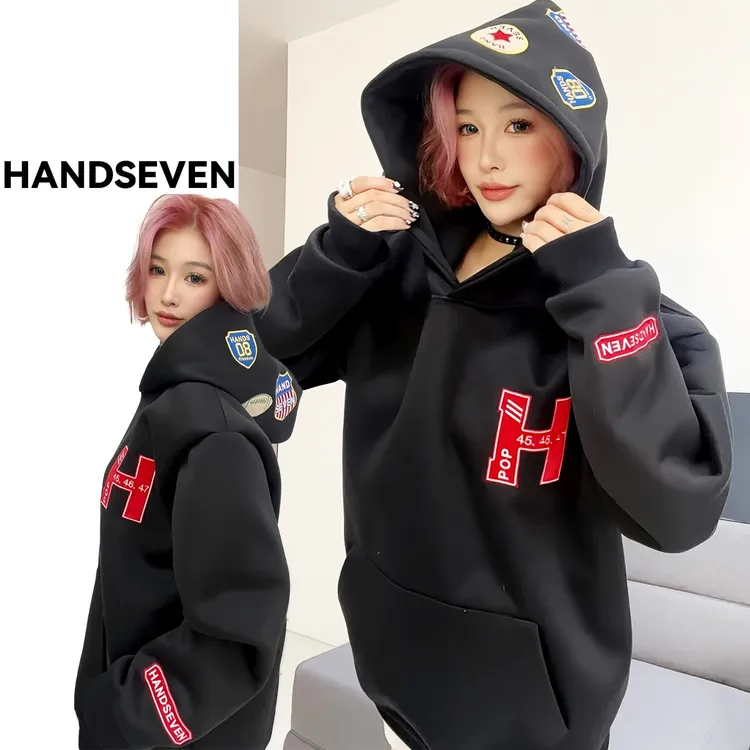 HandSeven美式复古刺绣重磅连帽卫衣秋冬宽松设计感小众情侣外套