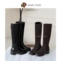 【王11】秋冬新款骑士靴不过膝粗跟厚底长筒靴 6CM/经典
