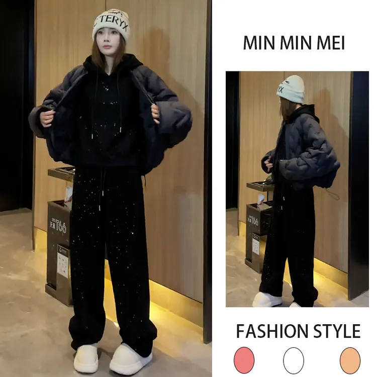 冬装时尚三件套个性炸街纯色棉服加绒卫衣加绒卫裤显瘦保暖三件套