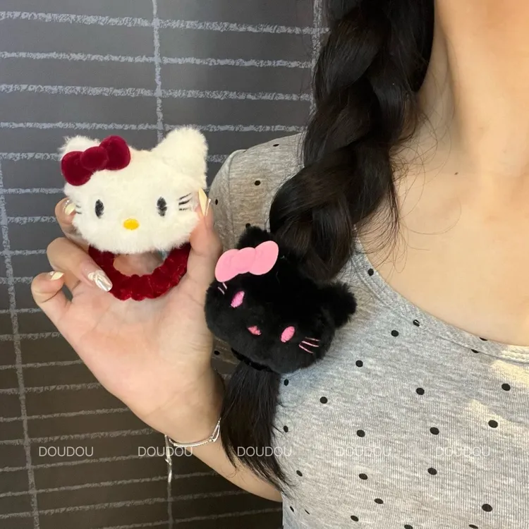 安可拉红黑粉配色毛绒Kitty发圈发绳发饰甜美可爱粉色蝴蝶结头绳