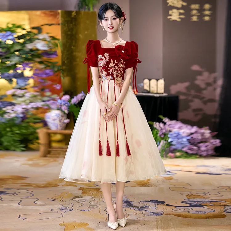 大码敬酒服新娘法式结婚订婚回门礼服女高端轻奢小众酒红色秋季