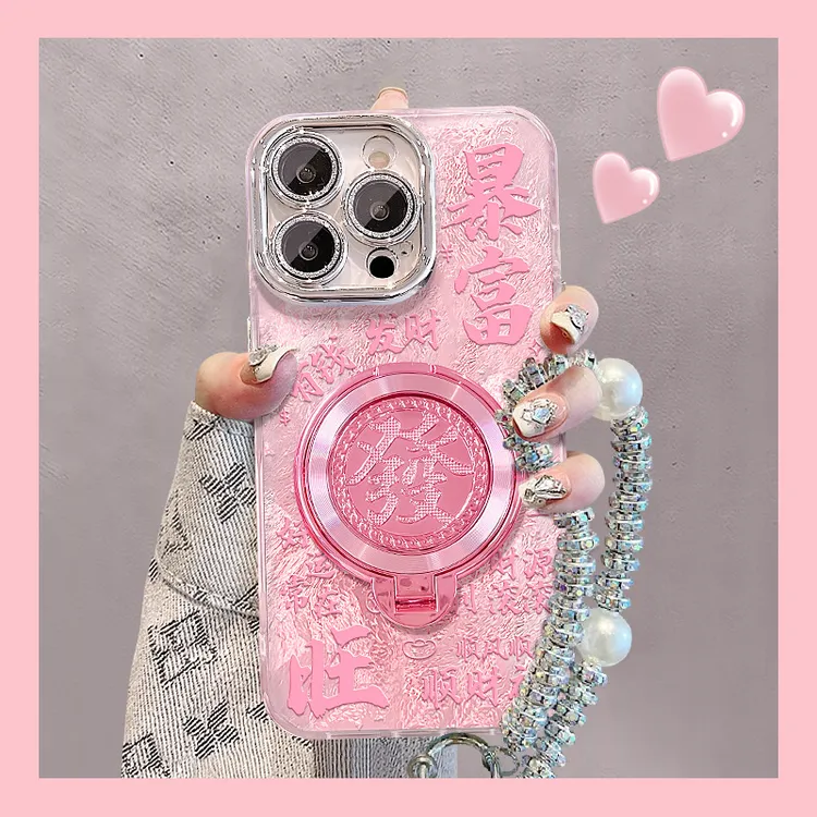 暴富旋转發支架适用苹果16冰川纹手机壳15镜头膜14链条防摔13国潮