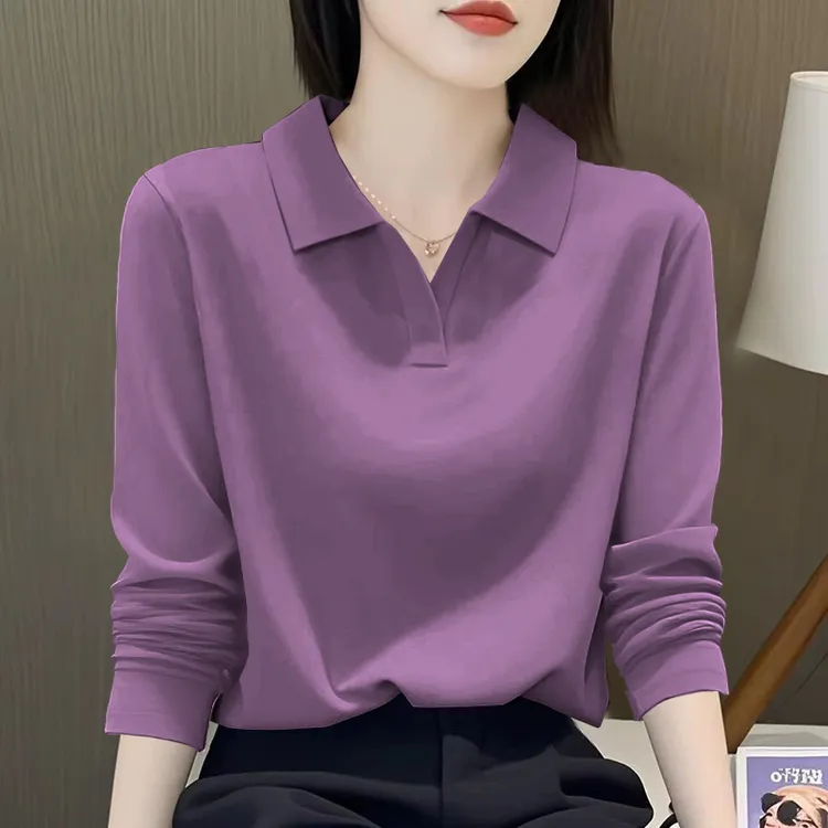 纯棉polo领正肩t恤衫春秋季翻领宽松v领新款长袖显瘦上衣女装大码