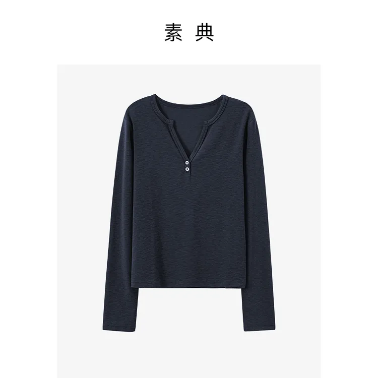 素典【云朵打底】秋季V领长袖休闲修身T恤显瘦常规百搭纯色打底5306