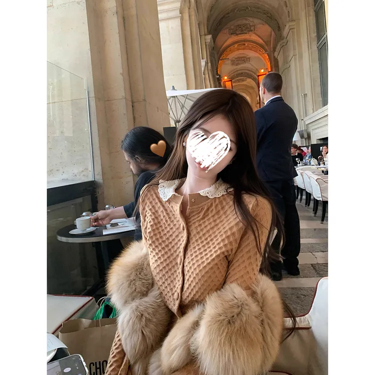 可拆卸娃娃领针织开衫女秋冬毛衣外套 61310