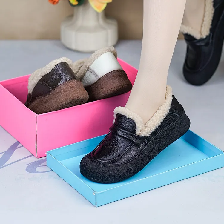 RY25889秋冬新款真皮复古单加绒乐福鞋女厚底羊羔毛毛鞋保暖棉鞋