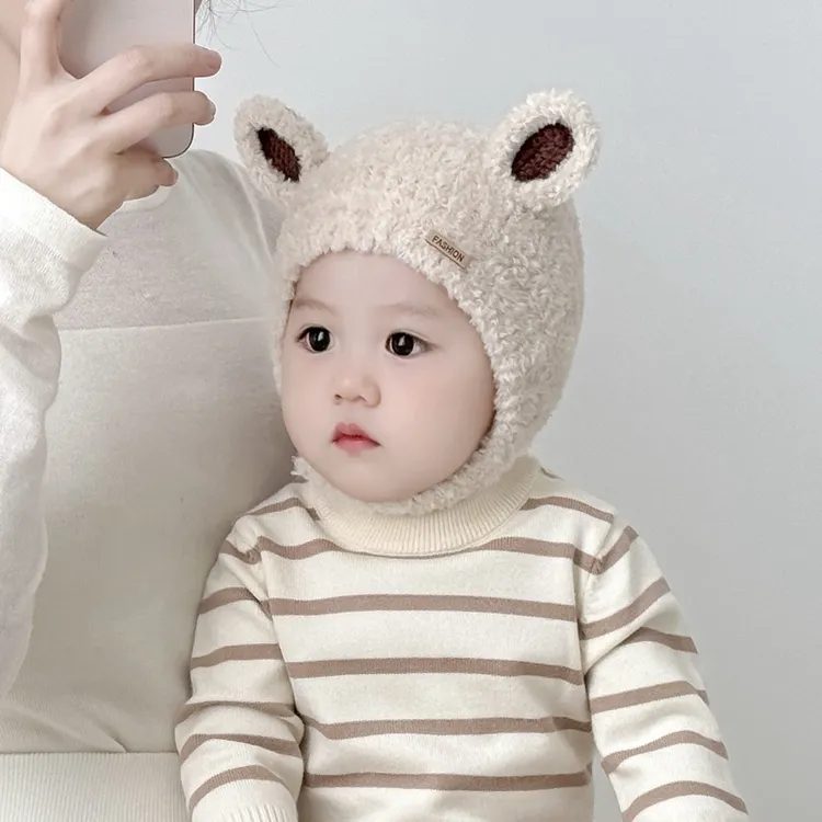 婴儿帽子秋冬季可爱男女童针织毛绒帽宝宝护耳围脖兔耳宫廷套头帽
