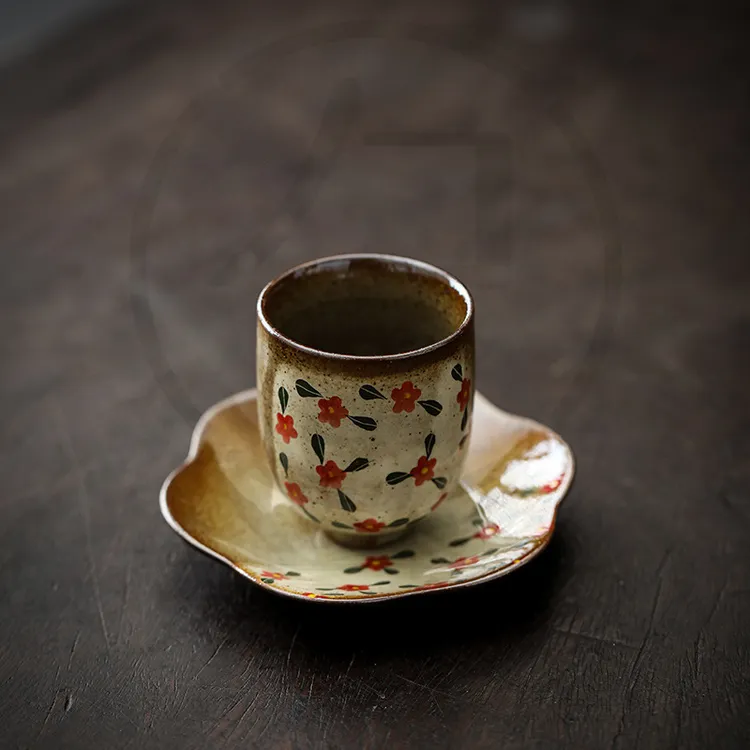 国潮新款小碎花手绘主人杯陶瓷套杯中式品茗杯复古茶杯带茶道用品