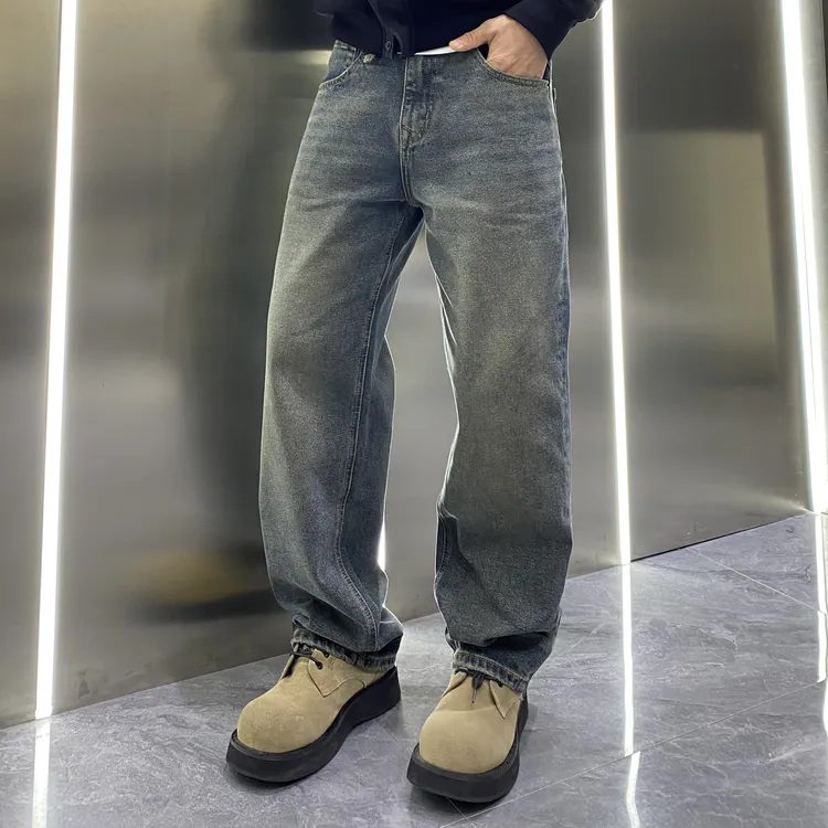 冬季薄绒美式水洗做旧复古微宽松直筒百搭痞帅废土风高街牛仔裤
