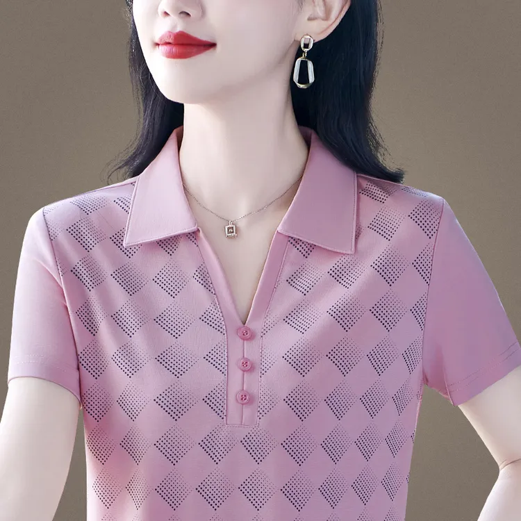 品牌高端冰丝短袖t恤女夏季2025妈妈洋气polo衫百搭翻领上衣