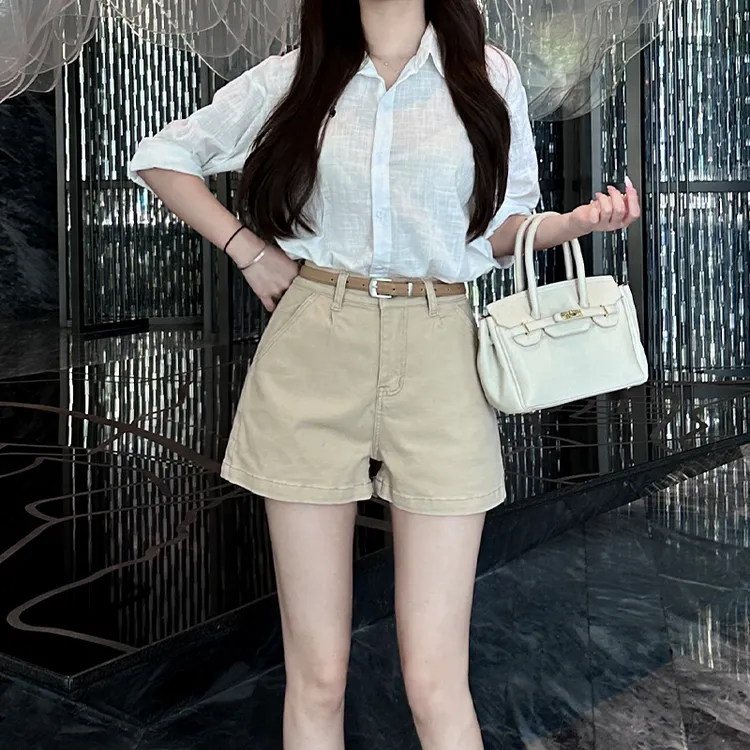 老钱风卡其色牛仔短裤女2025秋季新款高腰宽松显瘦百搭休闲热裤子