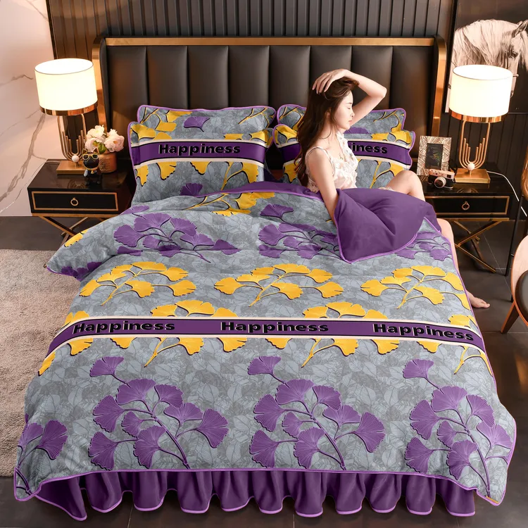 爱哩屋新款秋冬床裙高克重加厚保暖牛奶绒四件套柔软细腻床上用品