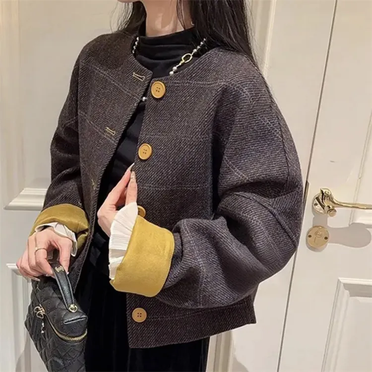 小香风复古圆领撞色格子拼接毛呢短外套女士2025秋冬新款百搭上衣