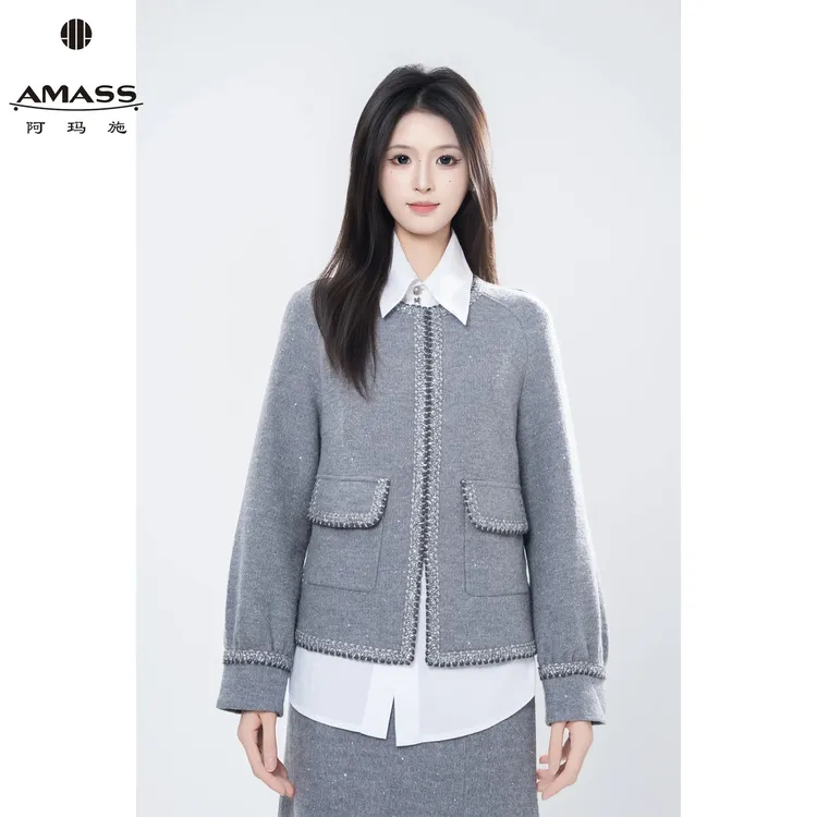 AMASS/阿玛施新款圆领宽松星空毛呢细闪小香风短花呢外套5400312