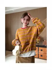 X.x. 高端冬季新款时尚减龄圆领宽松条纹长袖针织百搭上衣3837