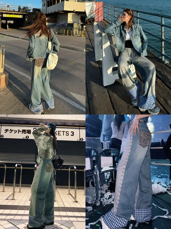 婉君【柳钉拼接裤】韩系时尚百搭休闲阔腿拼接牛仔裤 LWJ25B2K1548