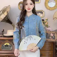 【703】复古新中式小立领衬衫女新款单排扣暗纹提花气质百搭上衣