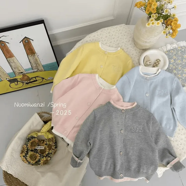 小童新款宝宝韩版洋气纯色针织开衫花边领外套毛衣百搭儿童上衣