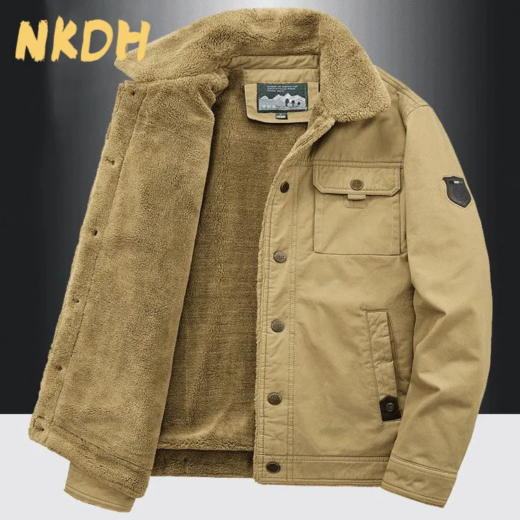 NKDH秋冬新款男士羊羔绒加绒加厚工装翻领男士棉衣夹克外套男