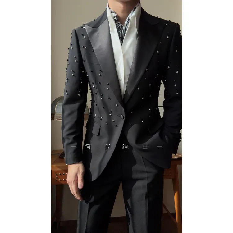 新款重工缎提珠缎面戗脖领轻奢高级感男士西服套装21215
