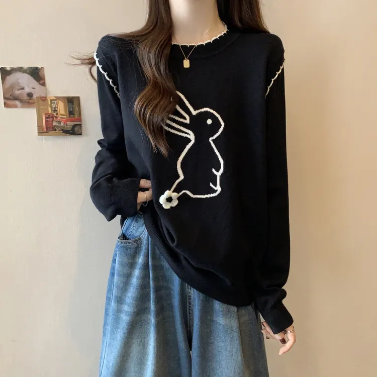 大码遮肚子卡通提花长袖针织衫女春秋微胖MM宽松显瘦百搭打底毛衣