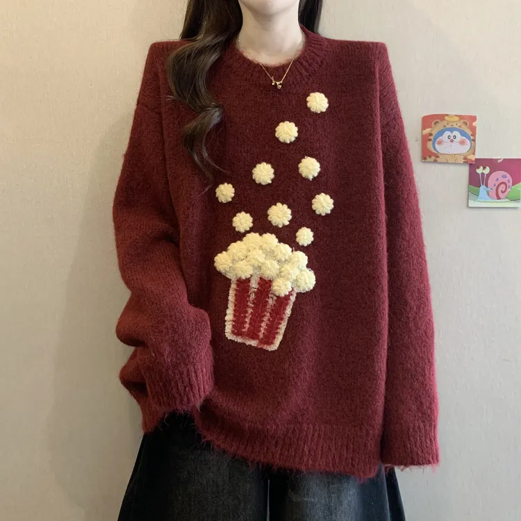 大码女装韩版软糯减龄重工卡通爆米花刺绣毛衣胖妹妹遮肚针织上衣