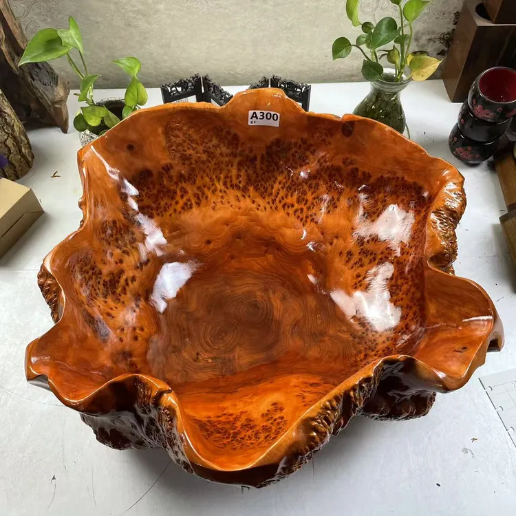 实木根雕榴花果盆 水果盆 零食实木根雕果盆原生态