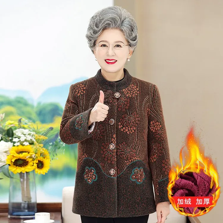中老年女奶奶装冬季加绒加绒毛呢外套妈妈装上衣