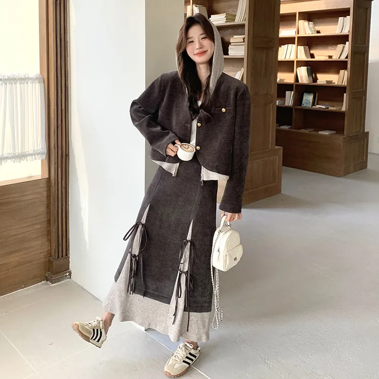 小众设计感蝴蝶结半身裙套装女2025秋季新款假两件连帽外套两件套