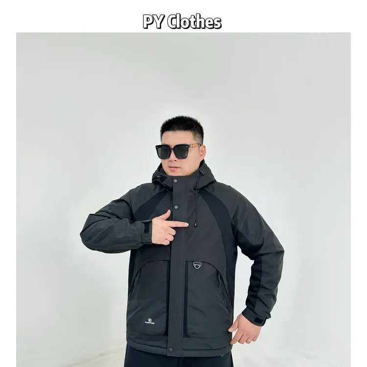 【二棉】胖语大码男装 2025冬季重工拼接工装风休闲连帽棉服W9805#H