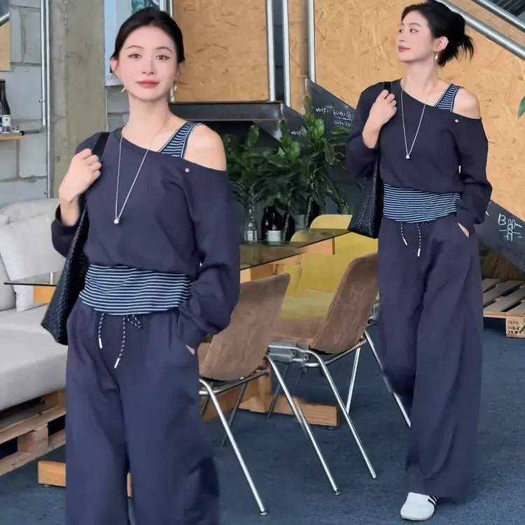 时尚套装女2025秋季新款洋气露肩条纹背心两件套上衣阔腿裤两件套