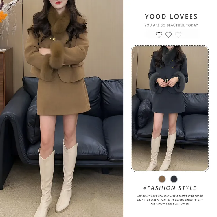 设计感可拆卸毛领双排扣外套半身短裙女2025冬季新款时尚保暖套装