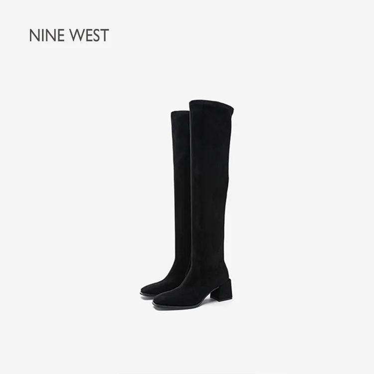 Nine West/玖熙时装靴过膝长靴粗跟尖头弹力瘦瘦靴侧拉链黑色女鞋