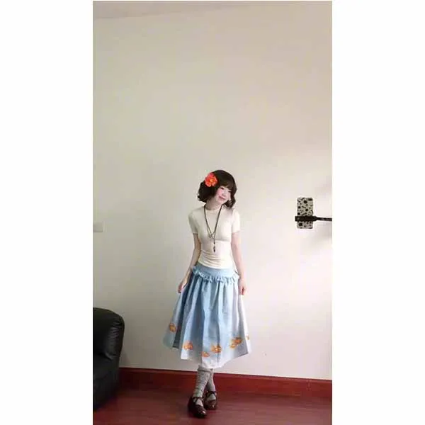 美式辣妹街头圆领短袖正肩修身显瘦新款上衣小鱼伞裙蓝半身裙套装