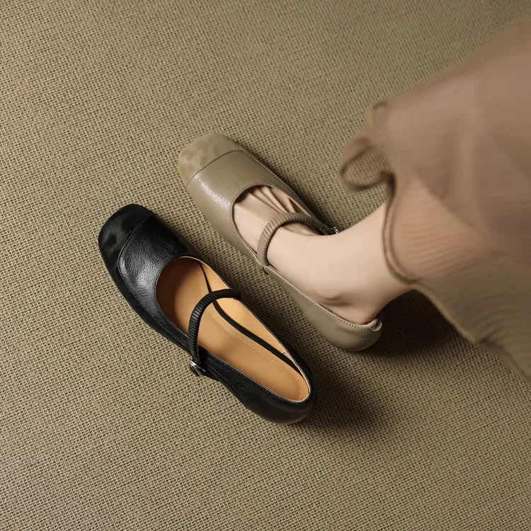 【跟高3CM】里外全真皮方头一字带浅口粗跟平底玛丽珍女单鞋