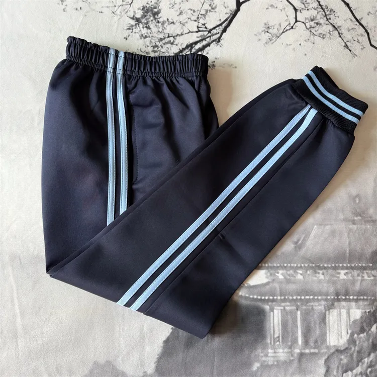 双浅蓝螺纹束脚校服裤子男女中小学生两道杠浅蓝边耐磨运动校服裤
