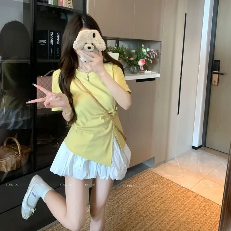 夏装胖mm大码不对称收腰开叉下摆显瘦纯色气质上衣