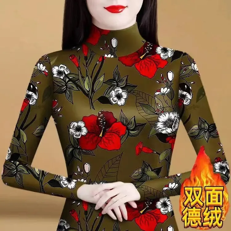 秋冬季新款美式个性洋气半高领加绒打底衫修身内搭长袖显瘦上衣女