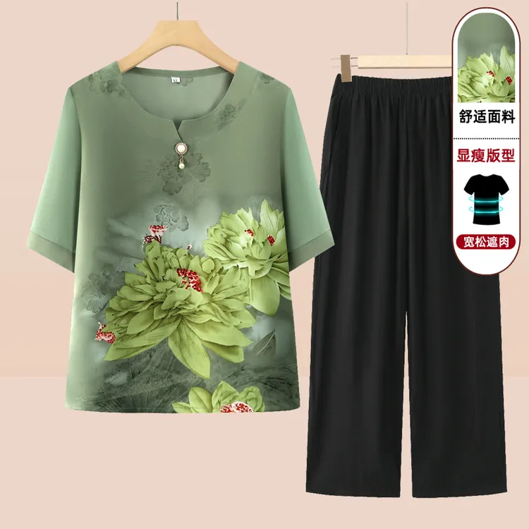 中老年女装妈妈装夏装短袖套装奶奶装夏季薄款宽松T恤