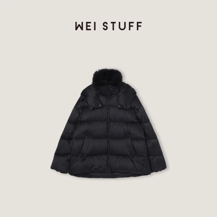 WEI STUFF“丝毛”黑色毛卷卷丝毛连帽95白鹅绒羽绒服外套 10816.
