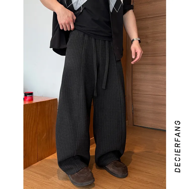 2026早春设计师款飘带抽绳竖条纹休闲裤男女同款潮牌微弯刀阔腿裤商品图