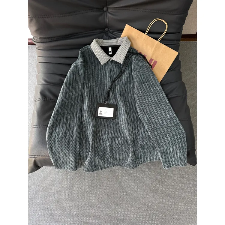 千鸟格鱼骨纹polo翻领打底长袖t恤男款秋冬美式复古加绒加厚卫衣