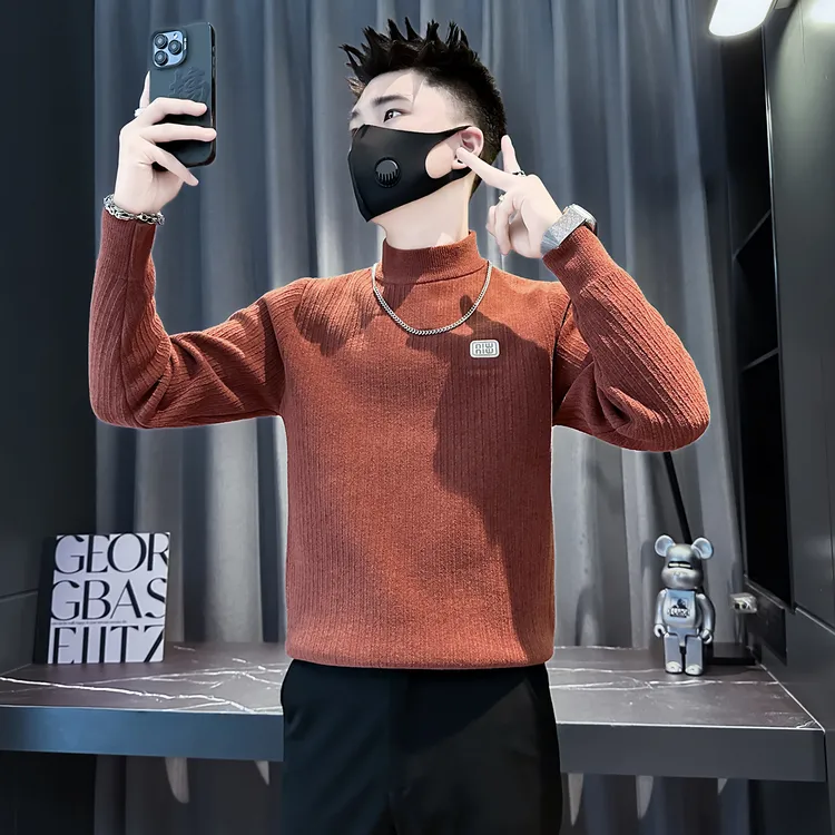 半高领毛衣男修身痞帅高级感加厚冬季打底衫潮流百搭红色针织线衣