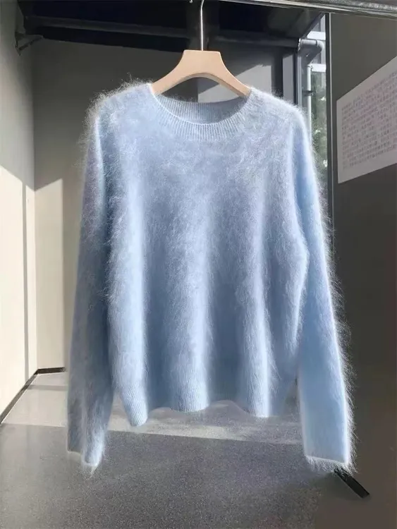 Q-羊绒拉绒拉毛圆领针织衫慵懒风秋冬软糯舒适保暖套头衫2025秋冬