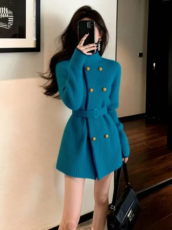 秋冬独特漂亮上衣高级小众不撞款时髦洋气韩系小香风蓝色针织外套