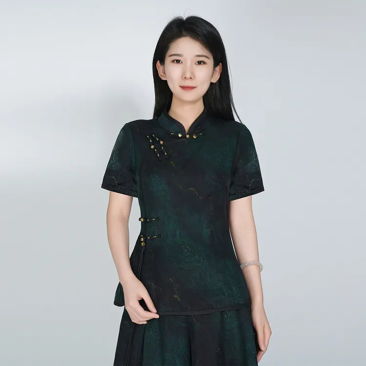 浒城古娘新中式桑蚕丝香云纱夏天清泉套装HBSS050590+HBSS050591