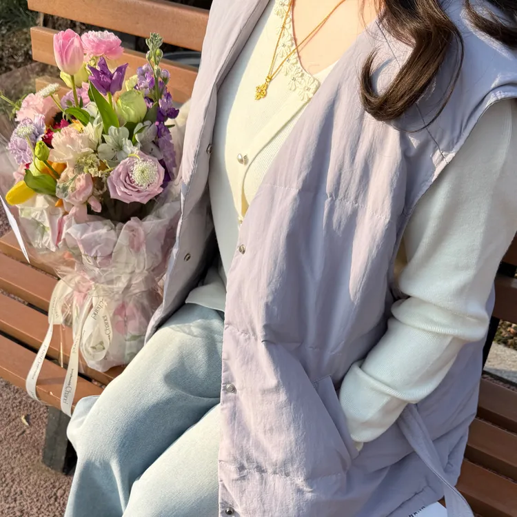 紫色无领白鸭绒叠穿背心冬季保暖韩系甜美外套