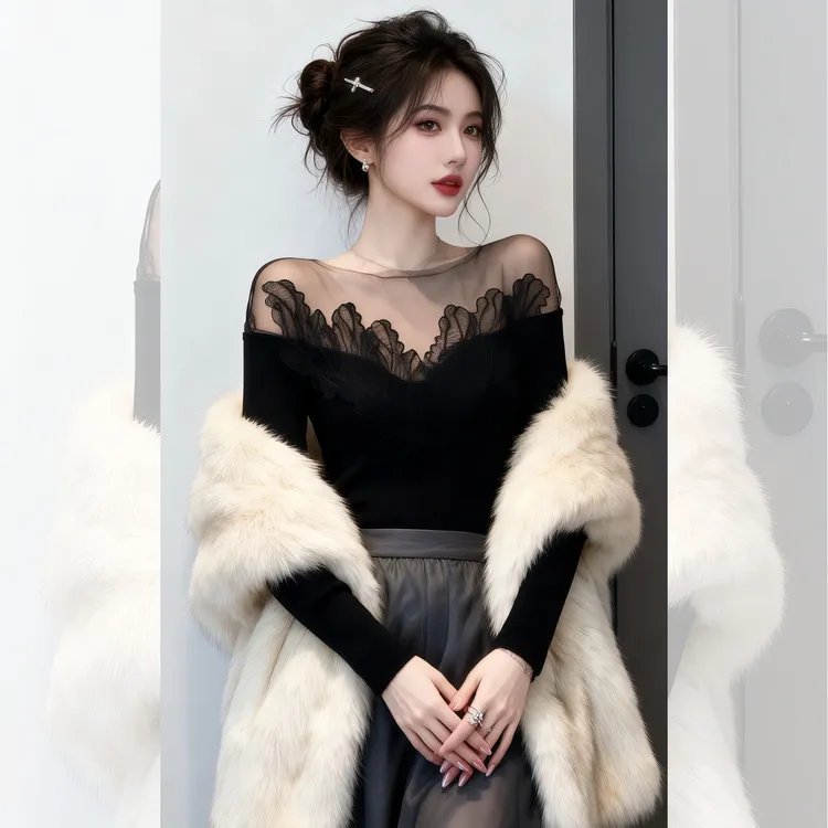 磨毛高领蕾丝打底衫女秋冬季新款高级感时尚气质内搭修身显瘦上衣